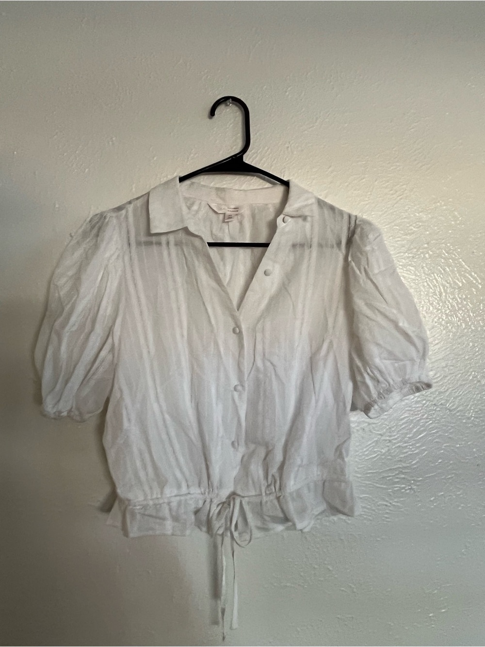 LC Lauren Conrad White Button-Front Puff Sleeve Blouse with Drawstring